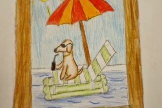 Teckning av en hund som sitter på solstol med en läsk i handen