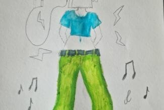 Teckning av en tjej med blå t-shirt och gröna byxor