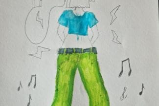 Teckning av en tjej med blå t-shirt och gröna byxor