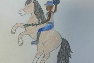 Teckning av en ryttare som sitter på en häst