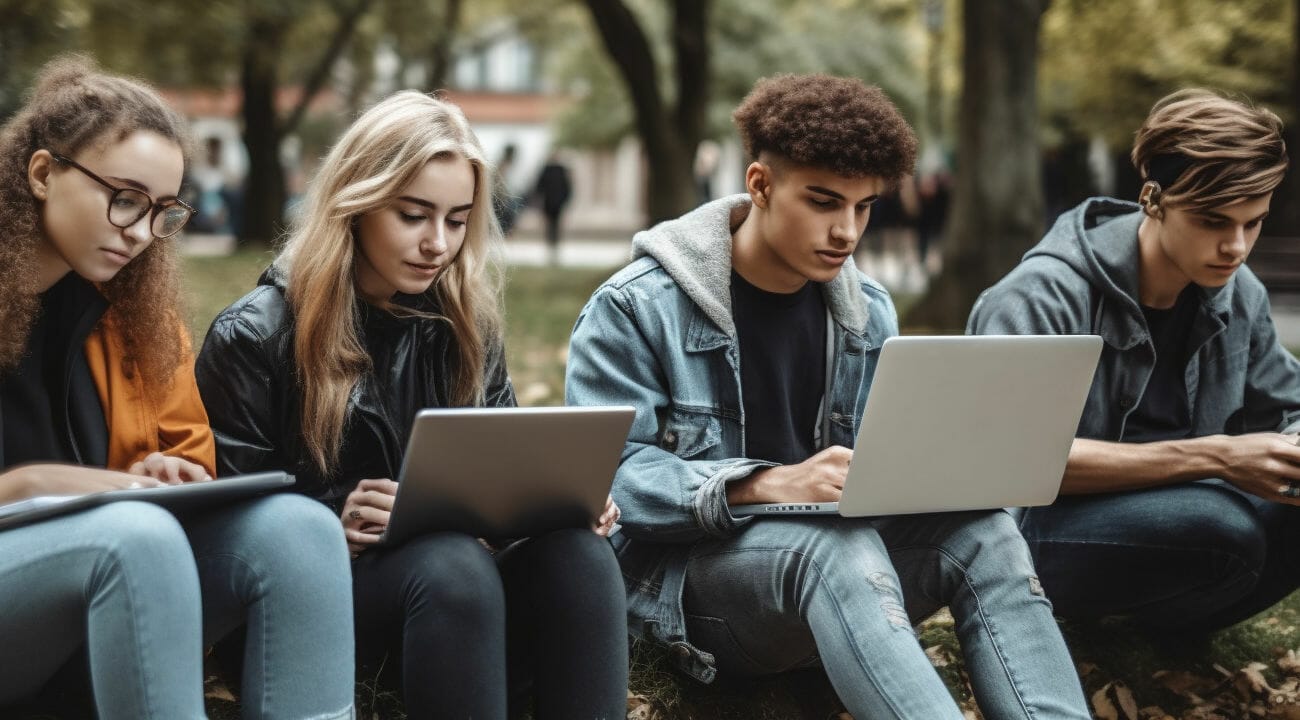 an image of a group of teenagers sitting in a park working on comuputers
