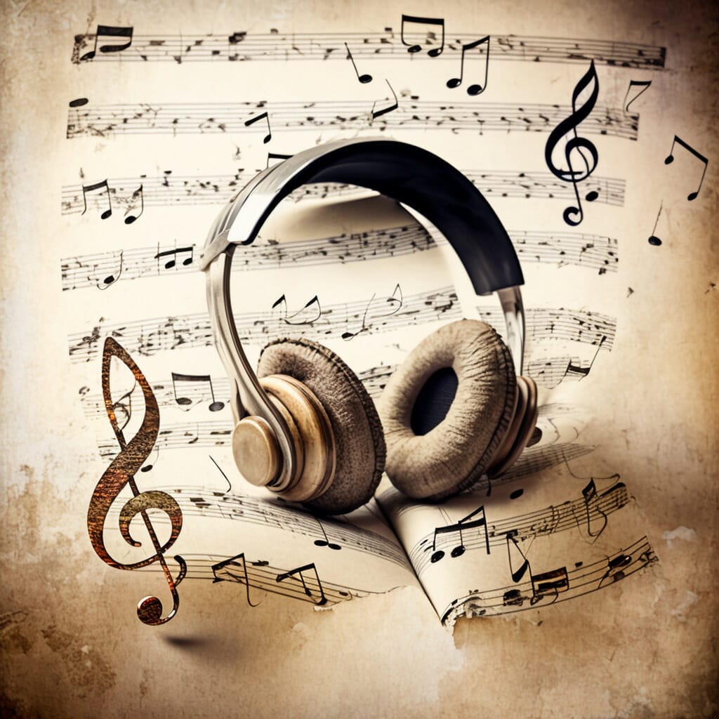 Headset med ett papper och musiknoter