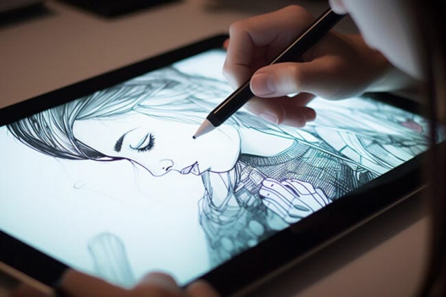 Illustrate a teenager drawing digital art on a touch pad