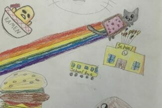 Teckning av hamburgare, kyckling och katt