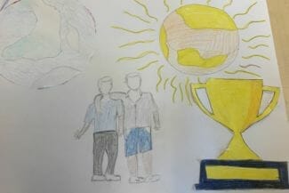 Teckning av två personer som kollar på en trofe