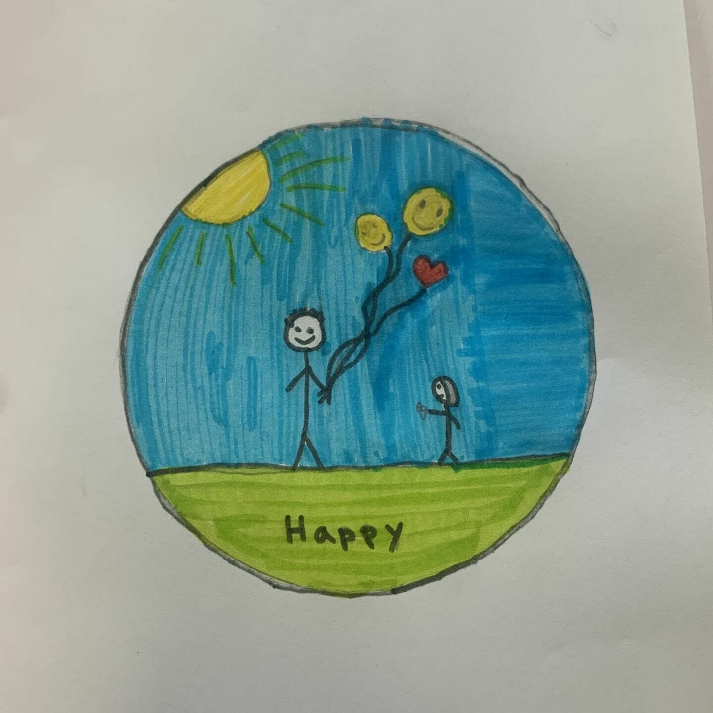 Teckning av två glada personer som håller ballonger