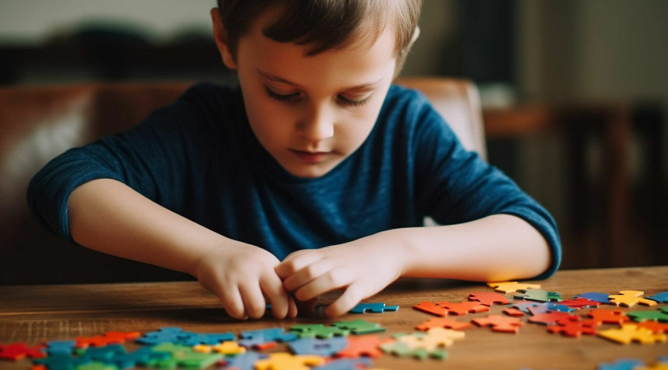A child making his own colorful puzzle