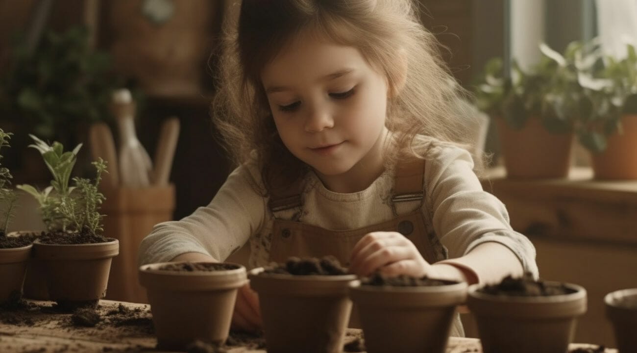 A happy child planting potted plants