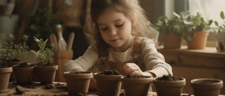 A happy child planting potted plants