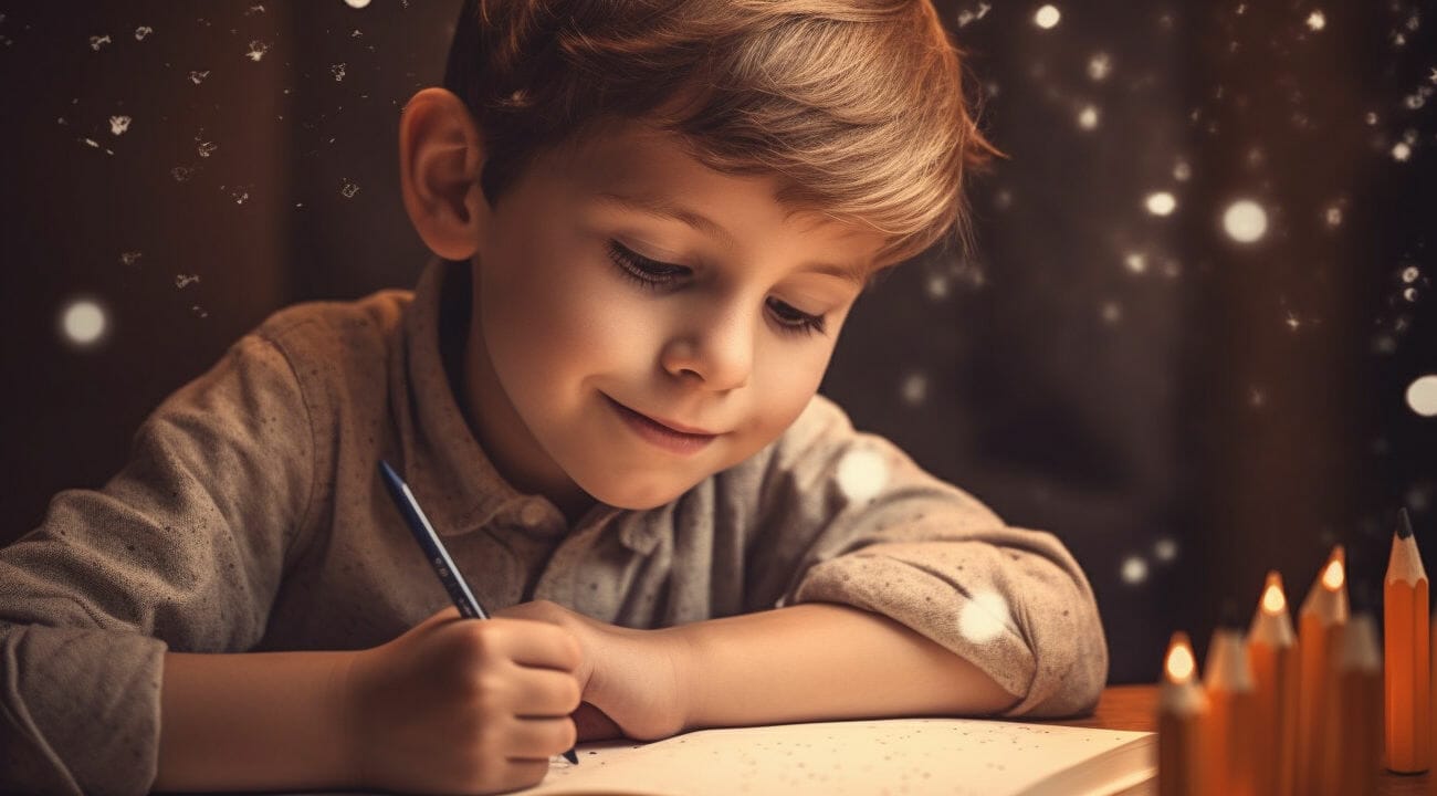A happy child sitting and writing in his diary.
