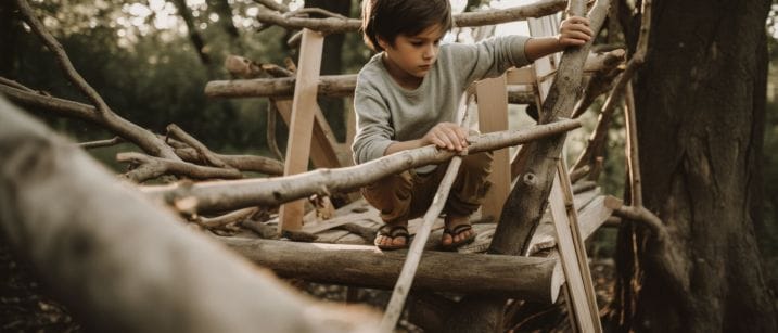 A kid building a simple treehouse