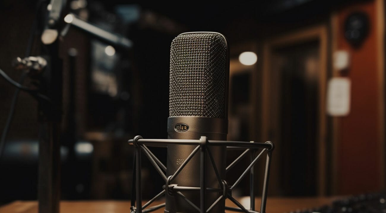 A studio microphone in the middle of a room