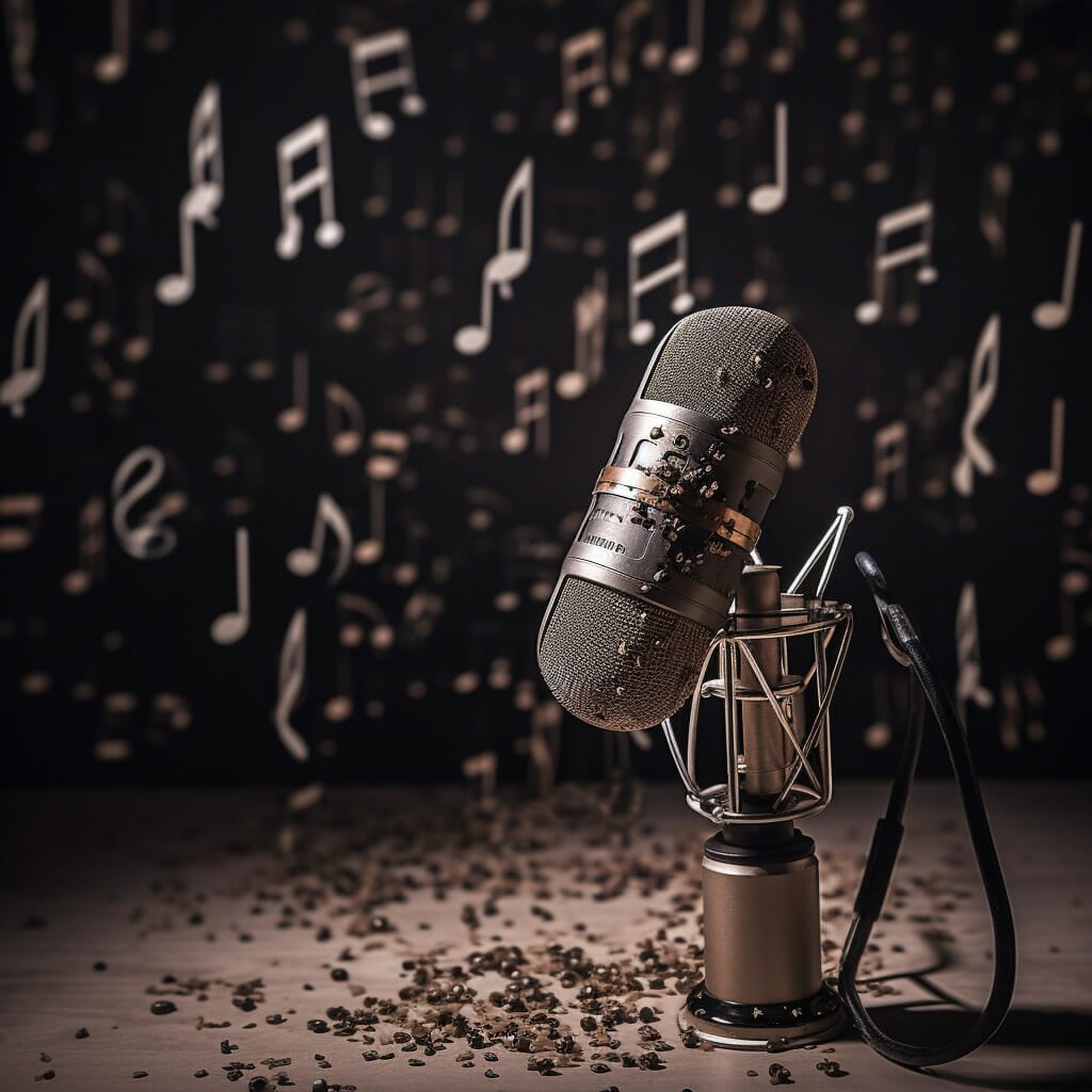 A studio microphone surrounded by musical notes