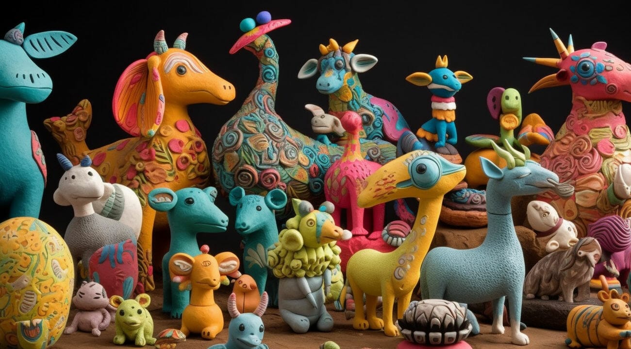 Various colorful clay figures and other animals