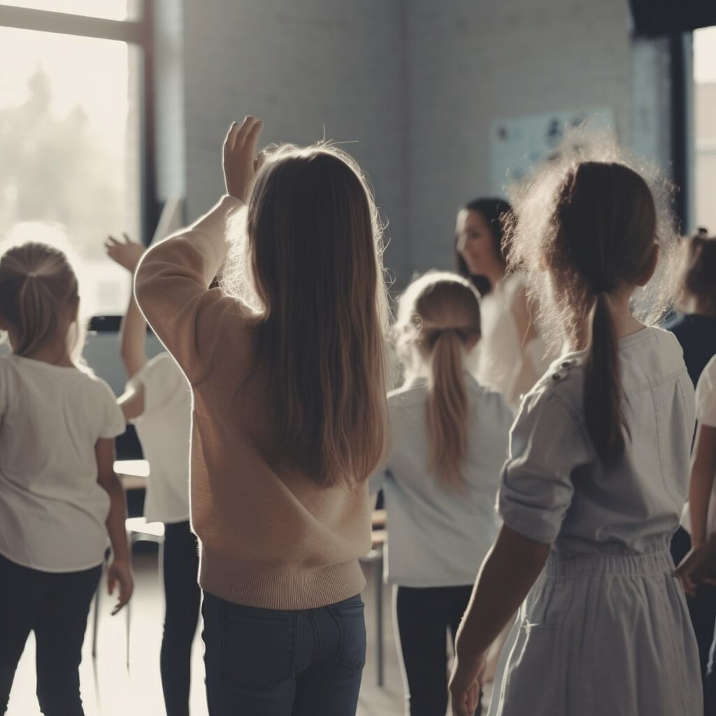 kids in classroom dancing and teacher dancing with teacher
