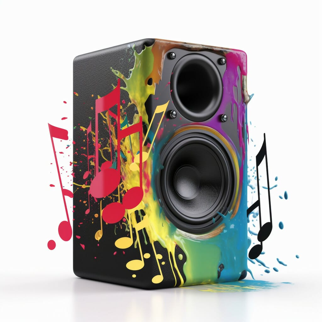 music notes pouring out of colorful speaker