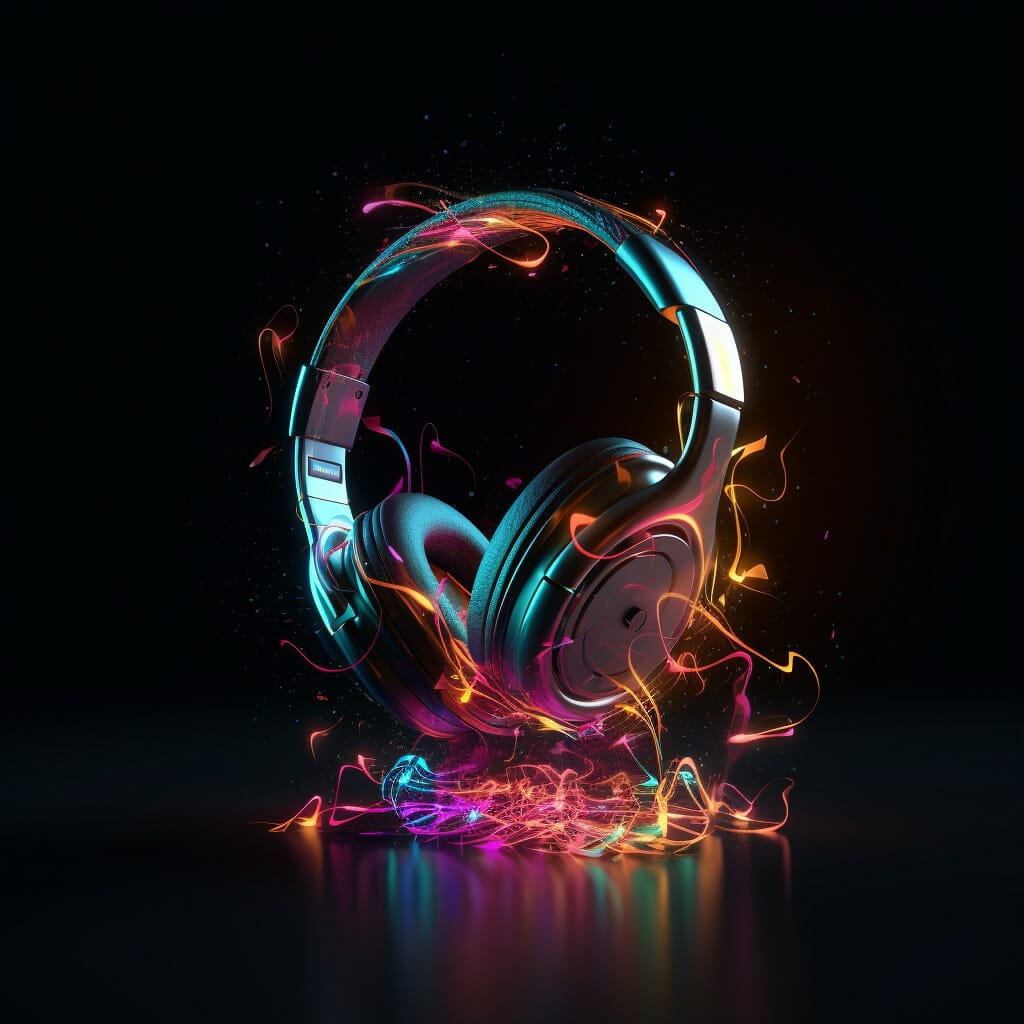 musical notes flowing from a headset