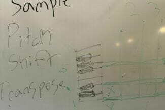 Musikproduktion skrivet på whiteboard