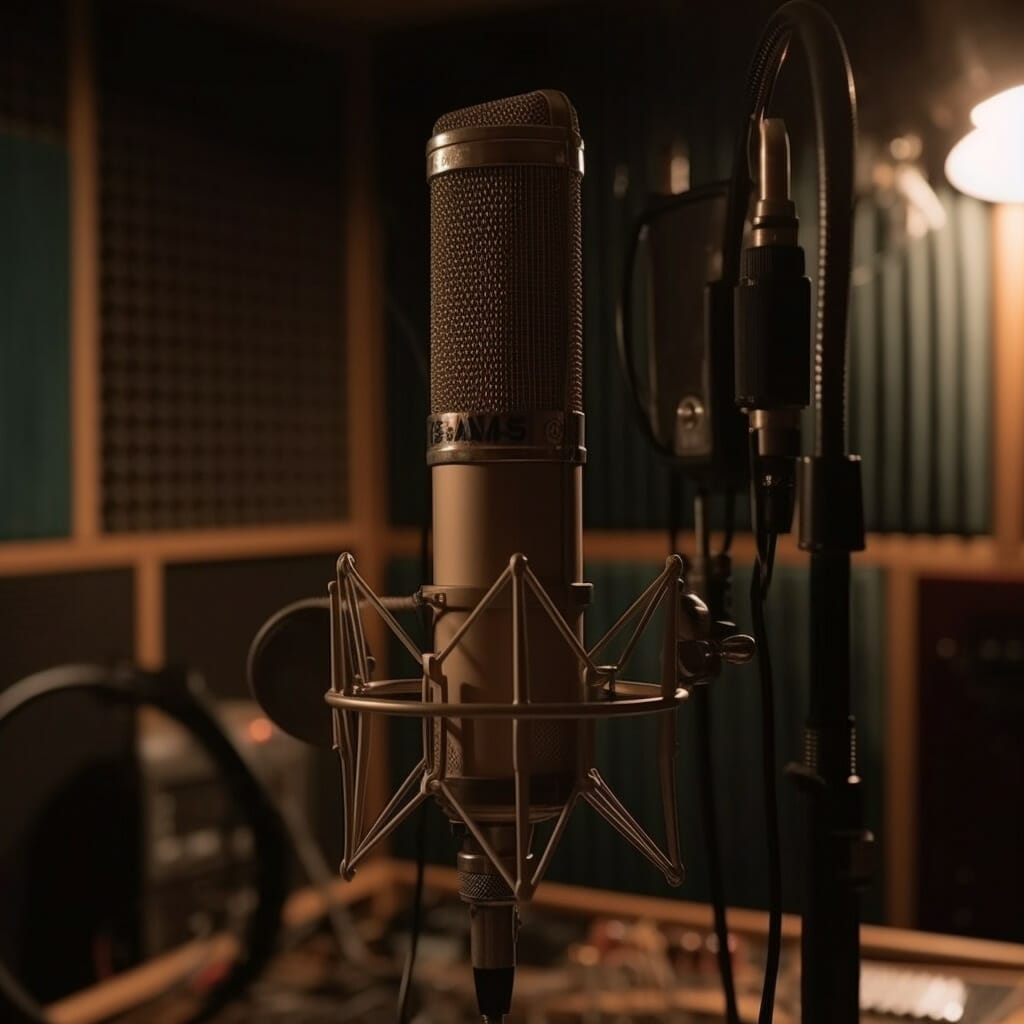A studio microphone standing in the middle of the pic