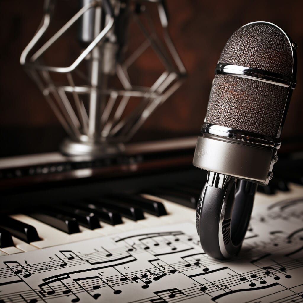 Music notes and a studio microphone