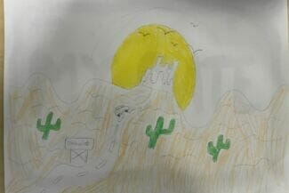 teckning av kaktusar och en väg