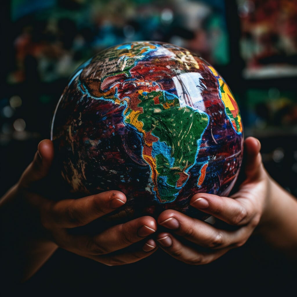 A hand holding a colorful globe