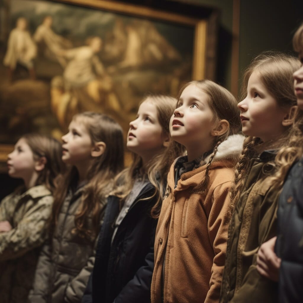 primary school students on a study visit to a museum