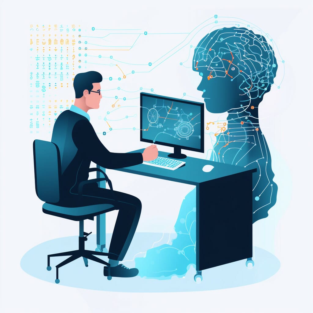 A man sitting and working with a computer and an AI