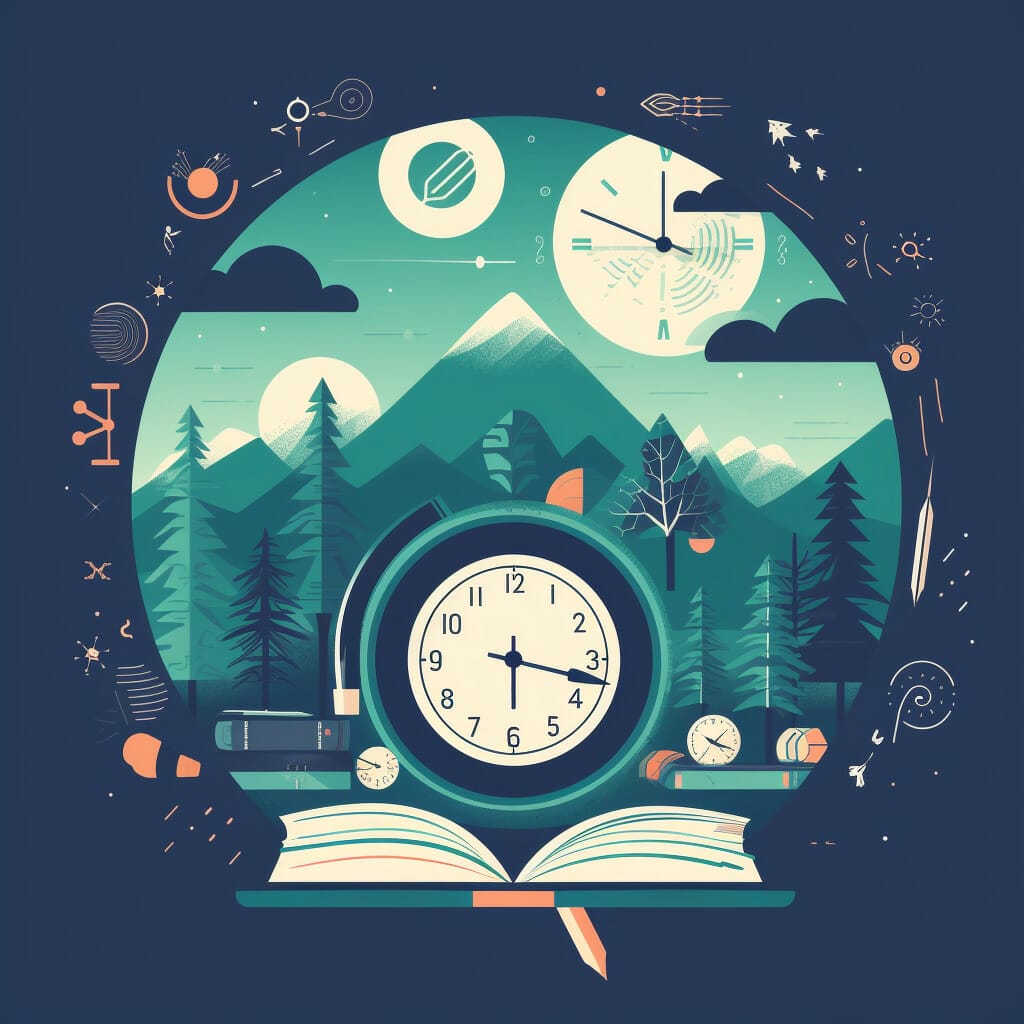 En bild på en klocka och bok