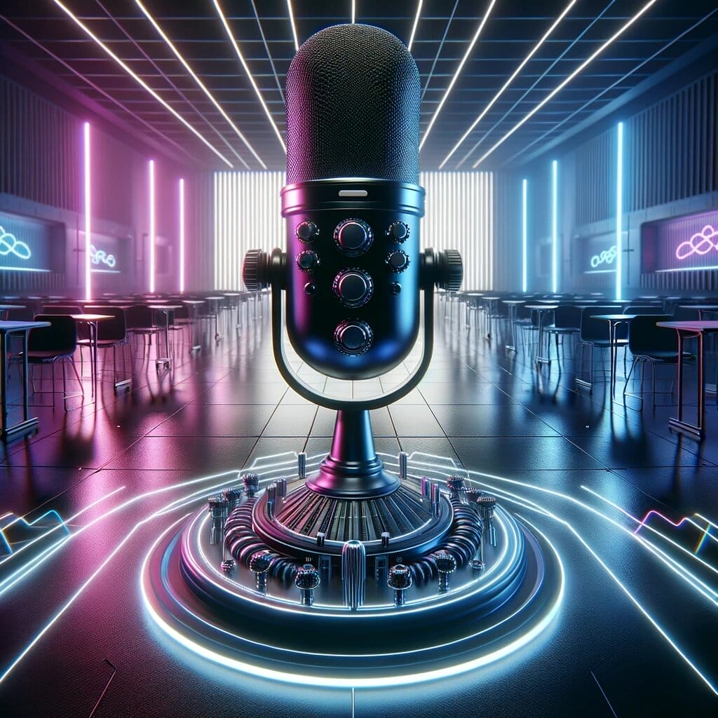 En bild på en mikrofon i ett morderna klassrum