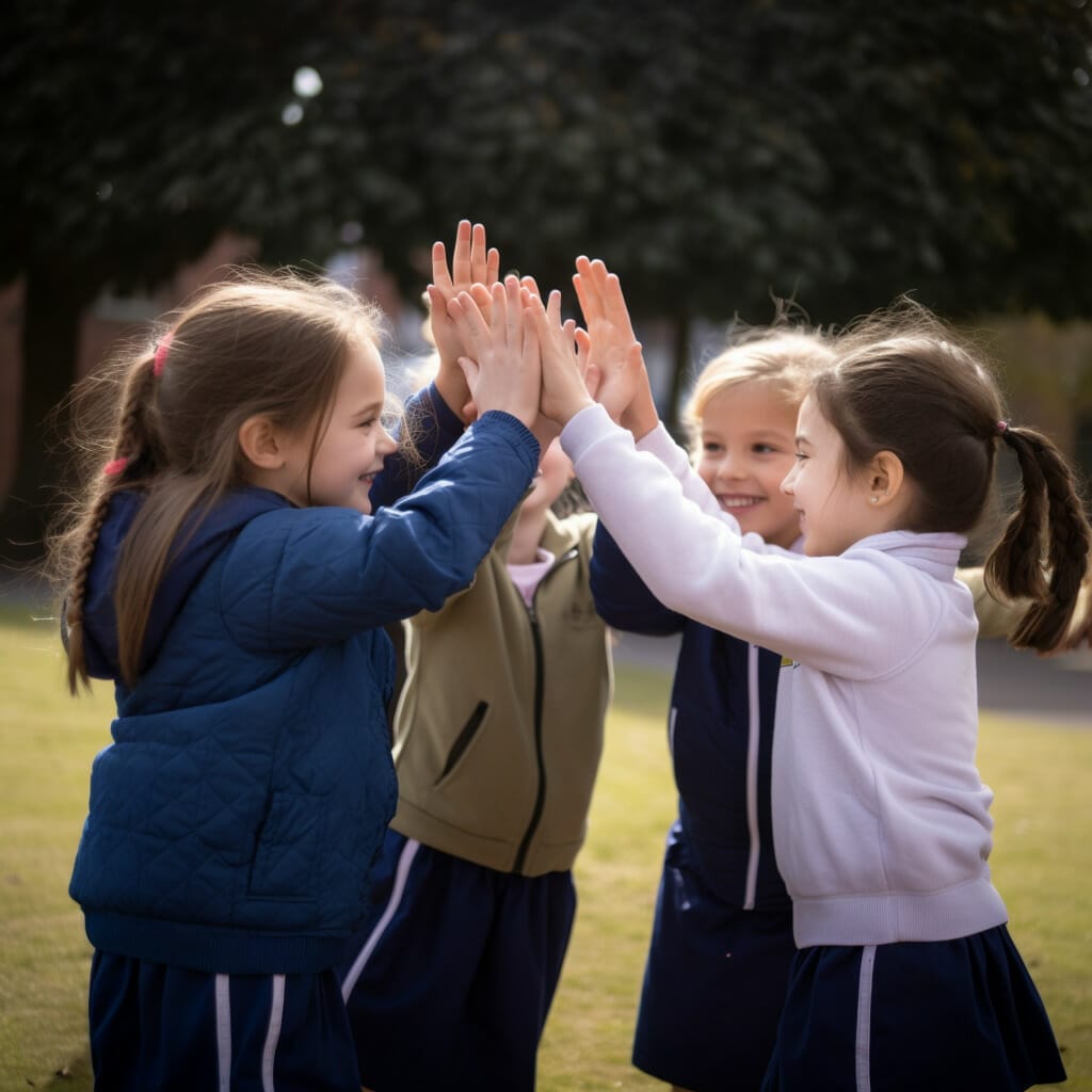 Förebygga mobbing, fyra barn som gör high-five