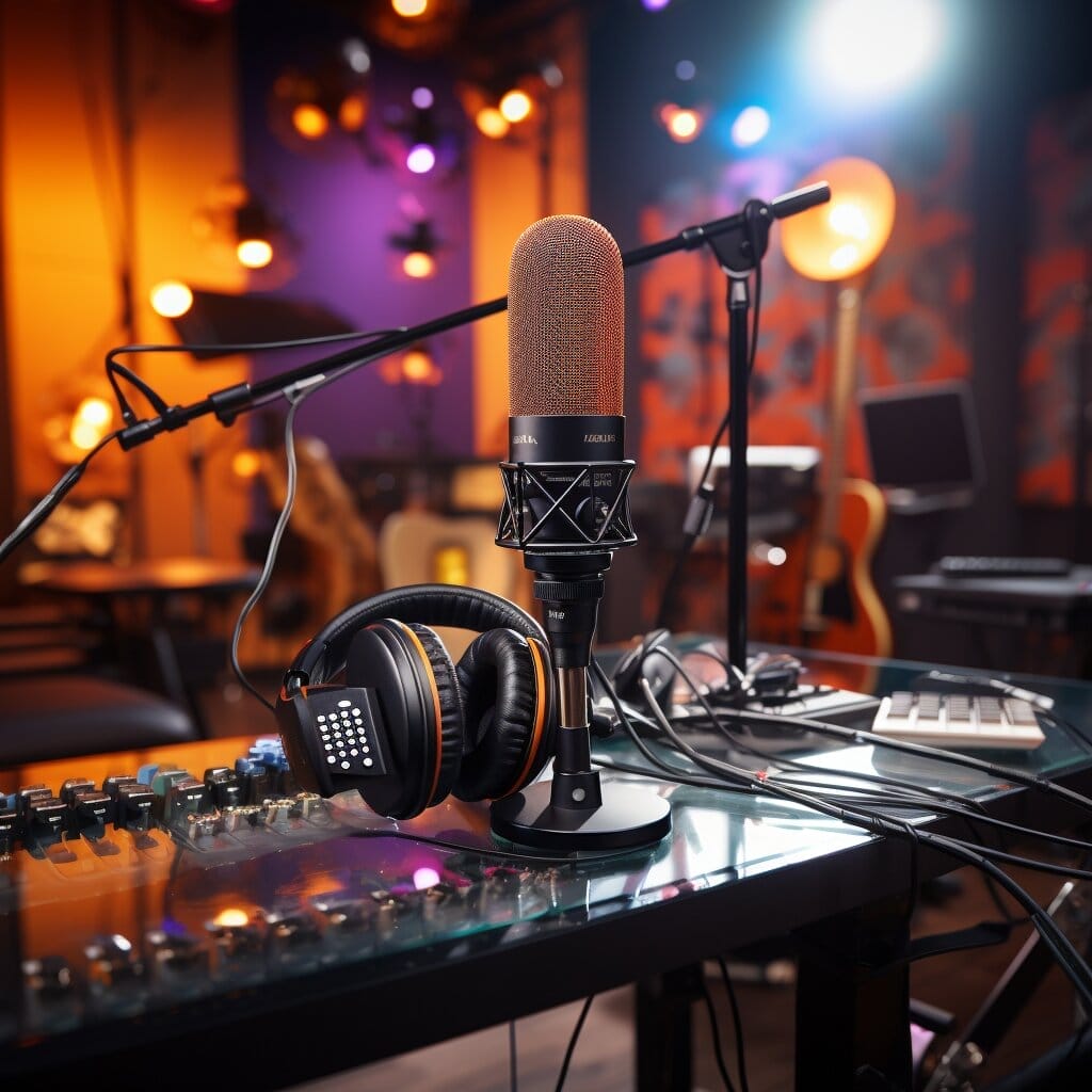 Bild av en studiomikrofon i en färgglad modern miljö