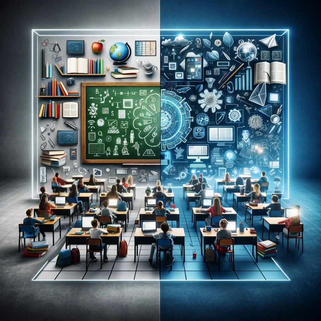 En bild av ett klassiskt klassrum och ett mordernt klassrum