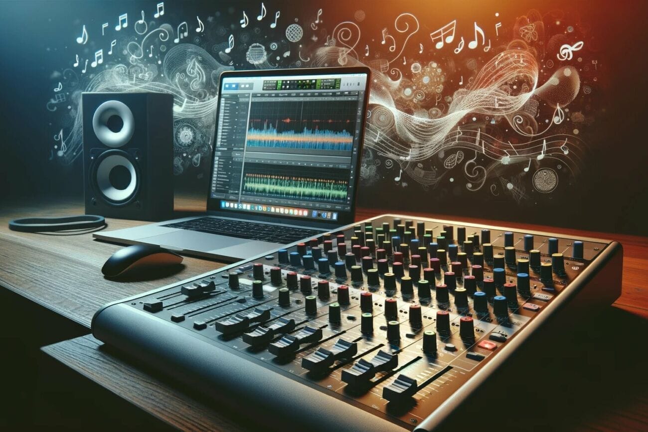 En bild av ett mixerbord, en dator och högtalare i digitala miljöer