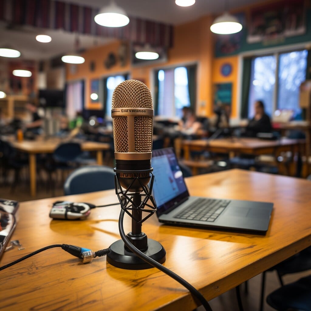 En studio mikrofon som står på ett bord med en dator vid sidan