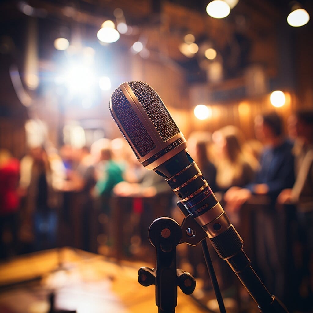 En studiomikrofon som står i centrum av ett klassrum