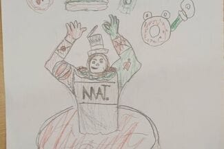 En teckning av en gubbe som står i mat