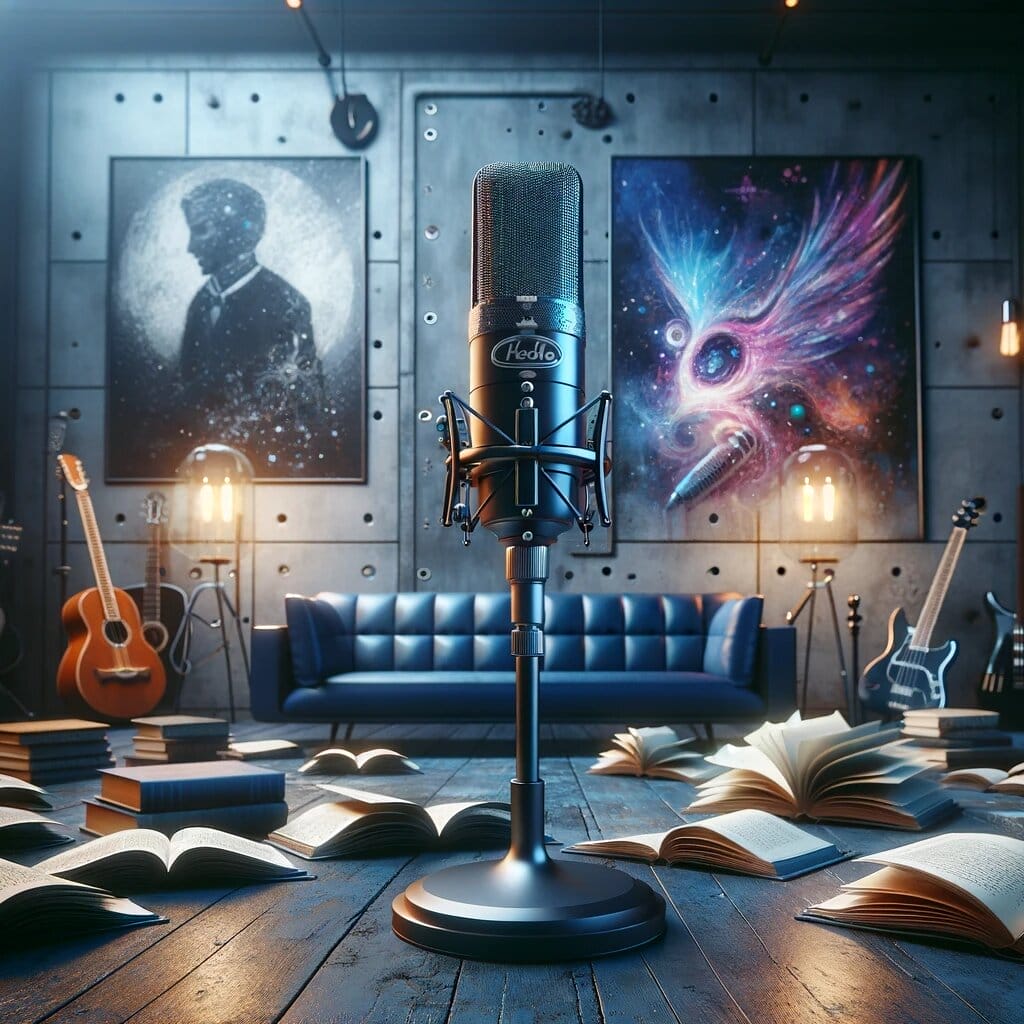 Mikrofon i ett rum med böcker på golvet