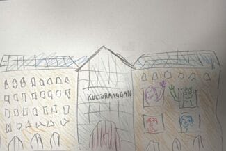 Tecknig av tre stycken byggnader