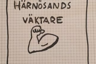 Teckning av en arm med texten Härnösands väktare