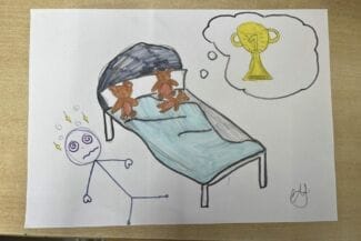 Teckning av en säng och en som drömmer om en pokal