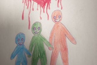 Teckning av ett blödande hjärta med tre gubbar