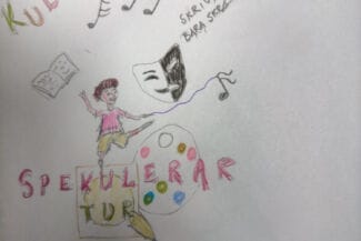 Teckning av trumpet, noter och en glad person