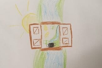 En teckning av ett öppet fönster med en flod