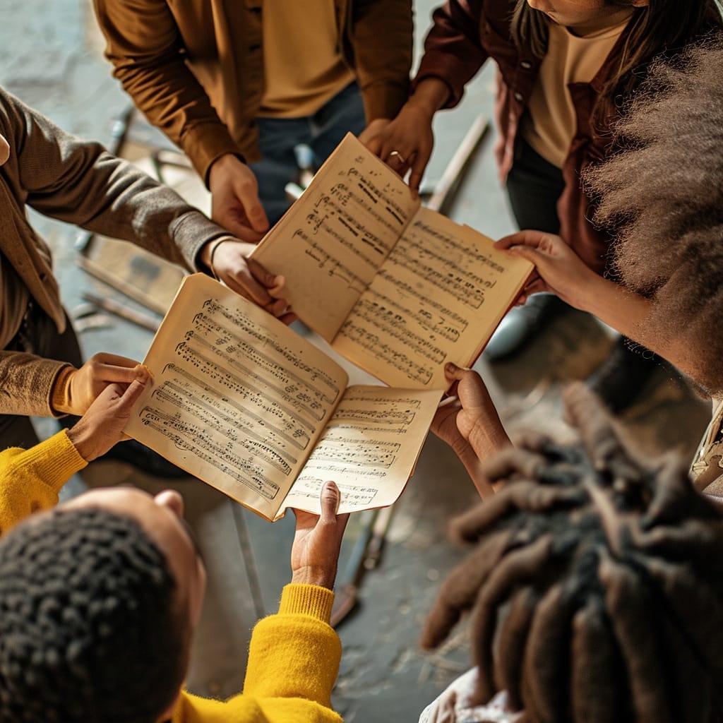 Elever som sammarbetar med musiknoter