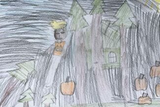 Tecking av en skog fylld med pumpor