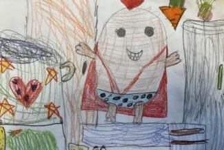 Teckning av en äggformad superhjälte