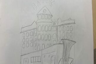 Teckning av en byggnad i halmstad