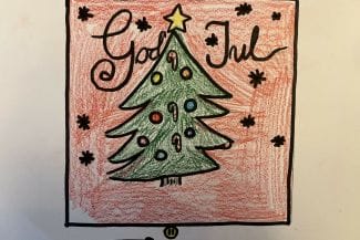 Teckning av en julgran och text god jul