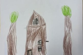 Teckning av ett hus och två träd